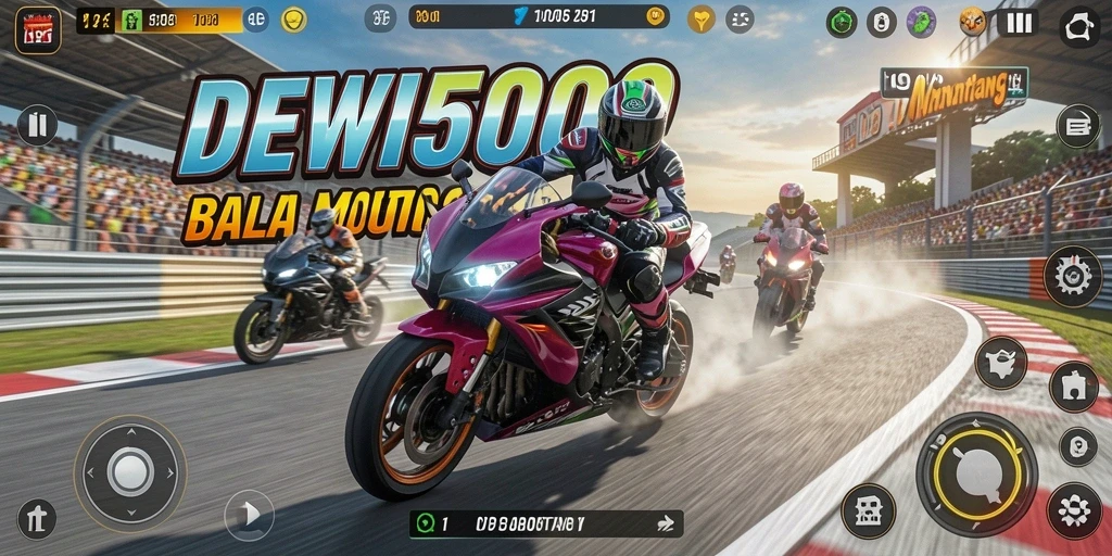 Screenshot gameplay DEWI5000 yang menampilkan serunya balapan motor.