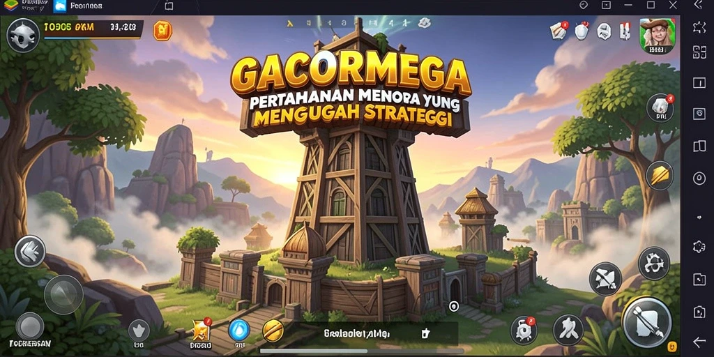 Tangkapan layar gameplay GACORMEGA dengan menara aktif pertahanan.