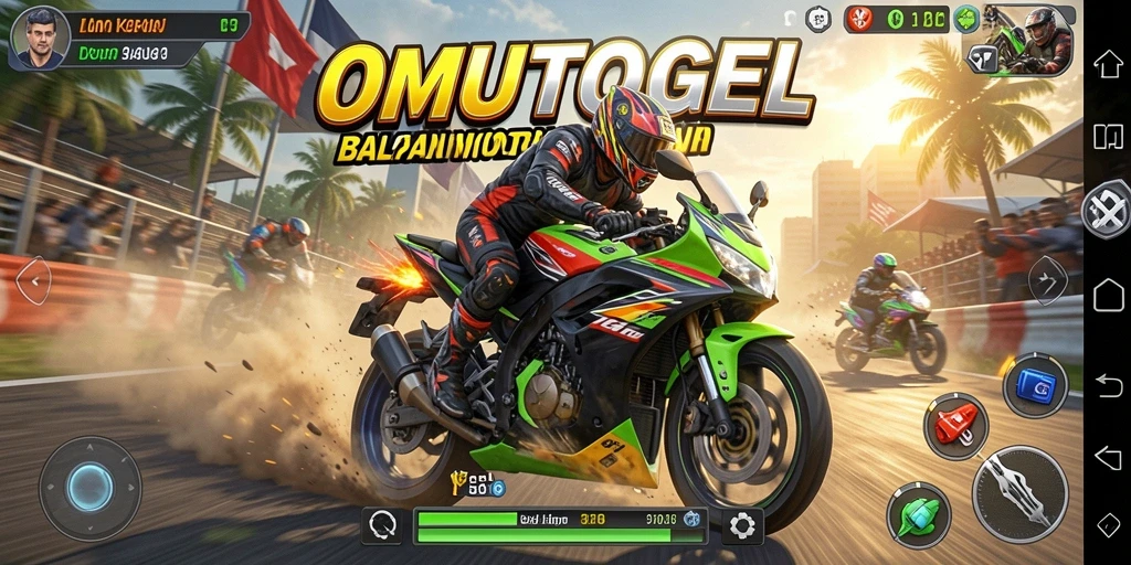 Screenshot OMUTOGEL menunjukkan aksi balapan motor yang intens dan memikat.