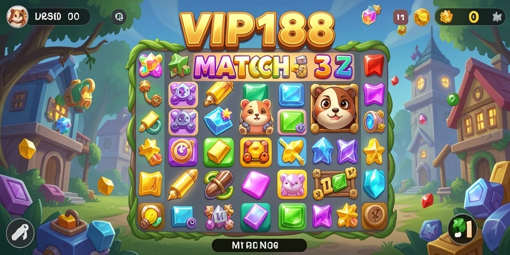 Tampilan screenshot gameplay seru dari <strong>VIP188</strong> yang menampilkan suasana permainan Match-3.